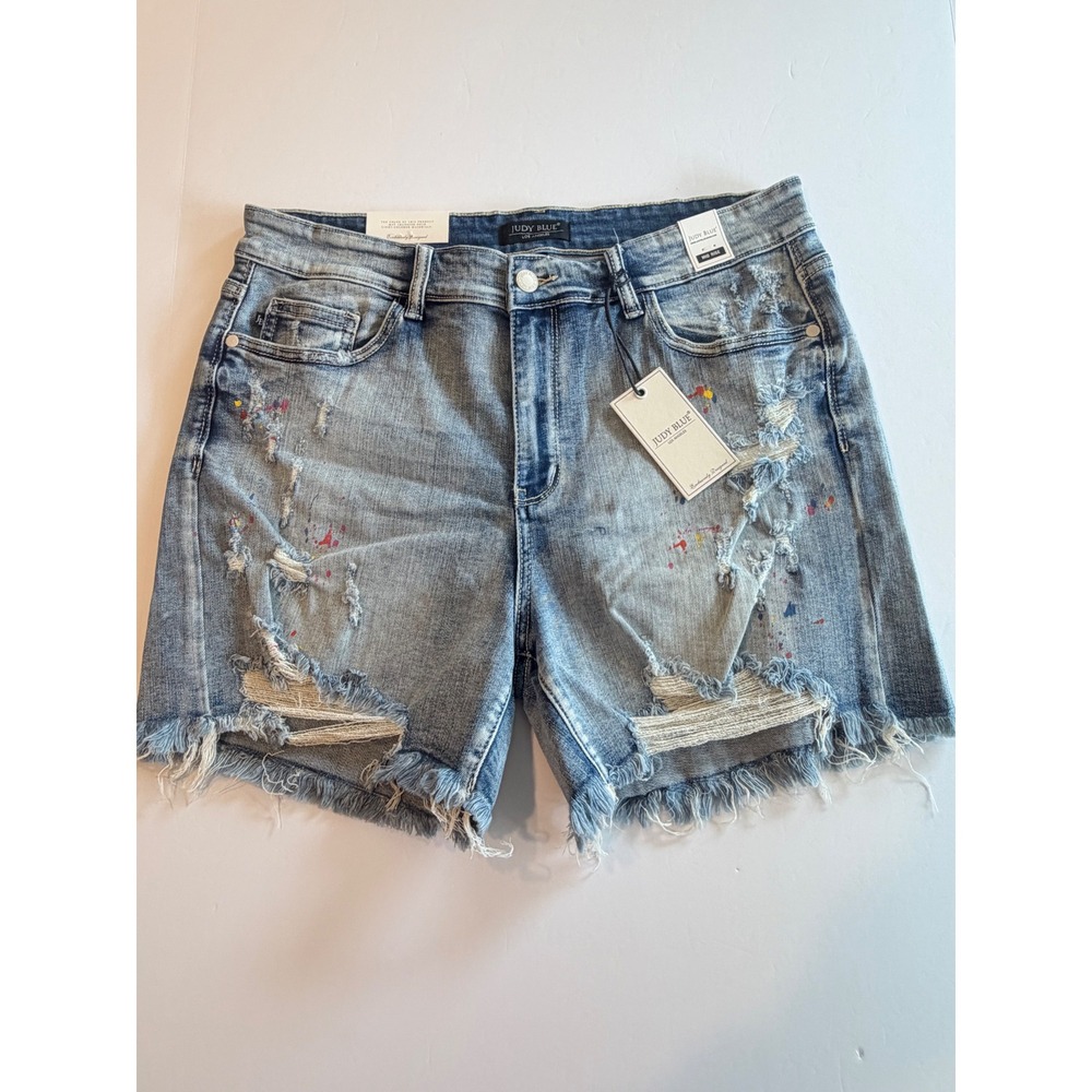 Judy Blue Womens XL Paint Splatter Distressed Denim Shorts Mid Rise Light Wash